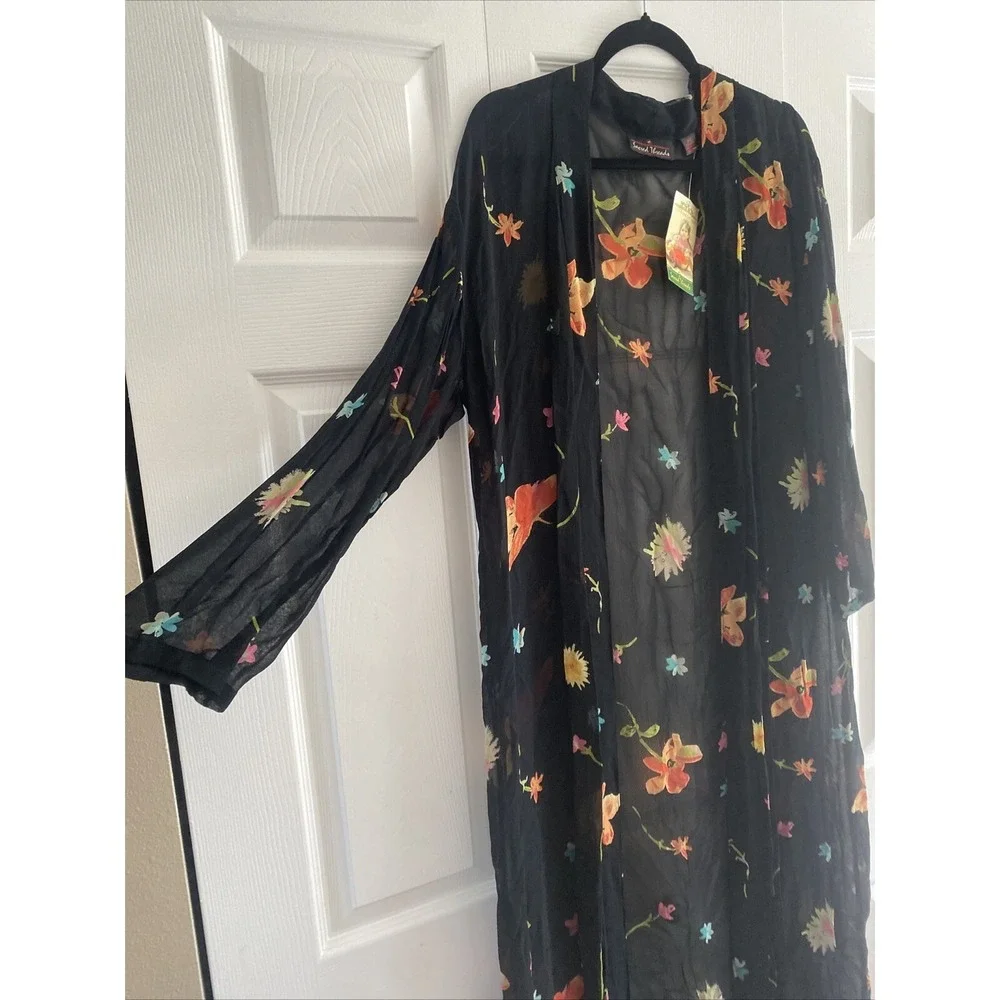 Sacred Threads Women's Vintage Black Floral Kimono Cover up Deadstock Medium - Picture 2 of 7